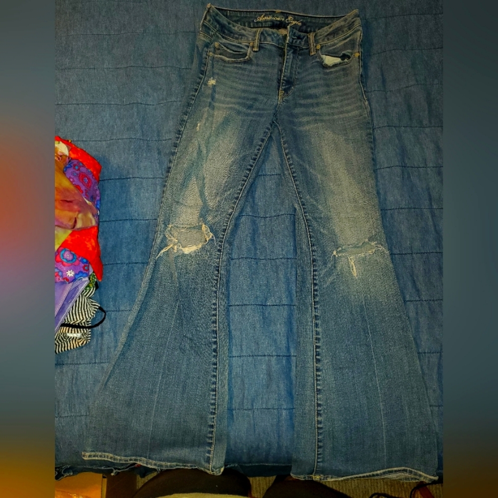 American Eagle Outfitters Distressed Blue Flare Jeans